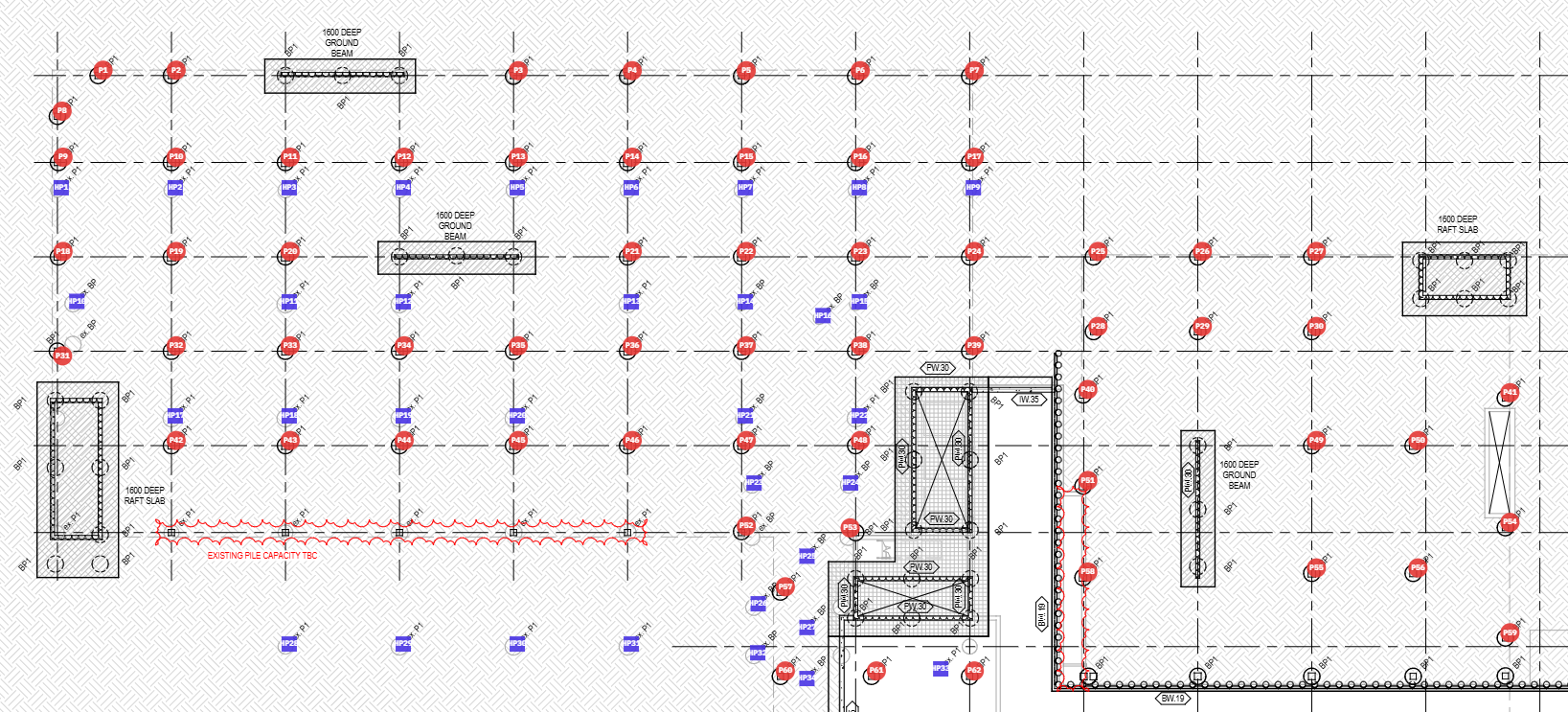 MarkupPro drawing view showing counted pile locations marked P1 through P62 in red and HP locations in blue, with structural gridlines and details.